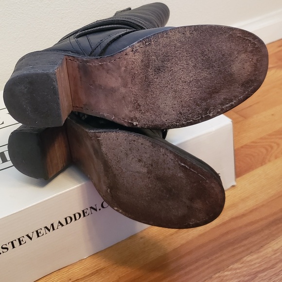 Steve Madden Bruce Black Leather Knee High Boots 9 Buckle and Strapping Detail - Picture 5 of 10